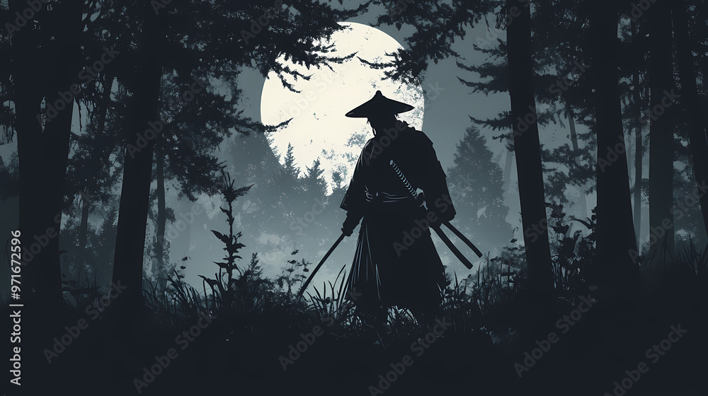 The terrifying ronin stands in the forest at night. black silhouette of a japanese warrior samurai against the night forest. high quality ai generated illustration. Samurai Warrior. Illustration The terrifying ronin stands in the forest at night. black silhouette of a japanese warrior samurai against the night forest. high quality ai generated illustration. Samurai Warrior. Illustration