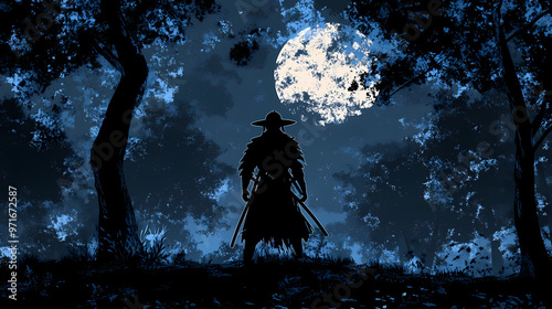 The terrifying ronin stands in the forest at night. black silhouette of a japanese warrior samurai against the night forest. high quality ai generated illustration. Samurai Warrior. Illustration photo