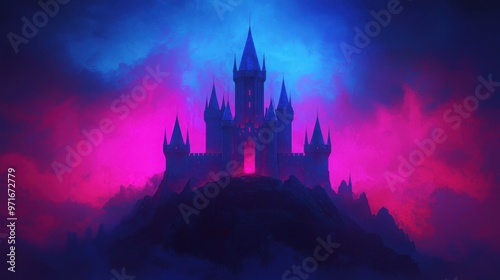 Enchanting Surreal Castle with Floating Turrets and Iridescent Walls on Glowing Hill - Fairytale Landscape with Copy Space for Text