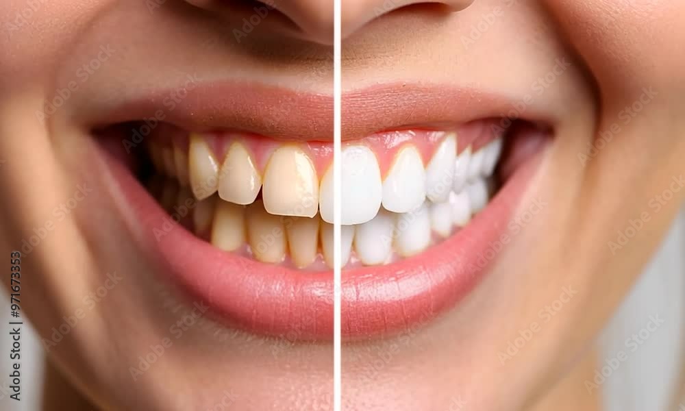 A woman's teeth with one side being white and the other side being yellow