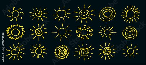 Set of fun like kid drawing yellow sun. Collection painted with pastel crayons or wax pencil sunny icons. Summer sky symbols. Design elements. Rough chalk texture vector illustration in children style