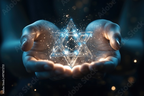 The Star of David is surrounded by light rays and held in the hands, with sacred geometry radiating from it. 