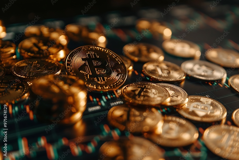 Detailed photo of Bitcoin and various gold coins prominently displayed, with a dark-toned, out-of-focus stock graph in the background, emphasizing high resolution and crispness. Detailed photo of Bitcoin and various gold coins prominently displayed, with a dark-toned, out-of-focus stock graph in the background, emphasizing high resolution and crispness.