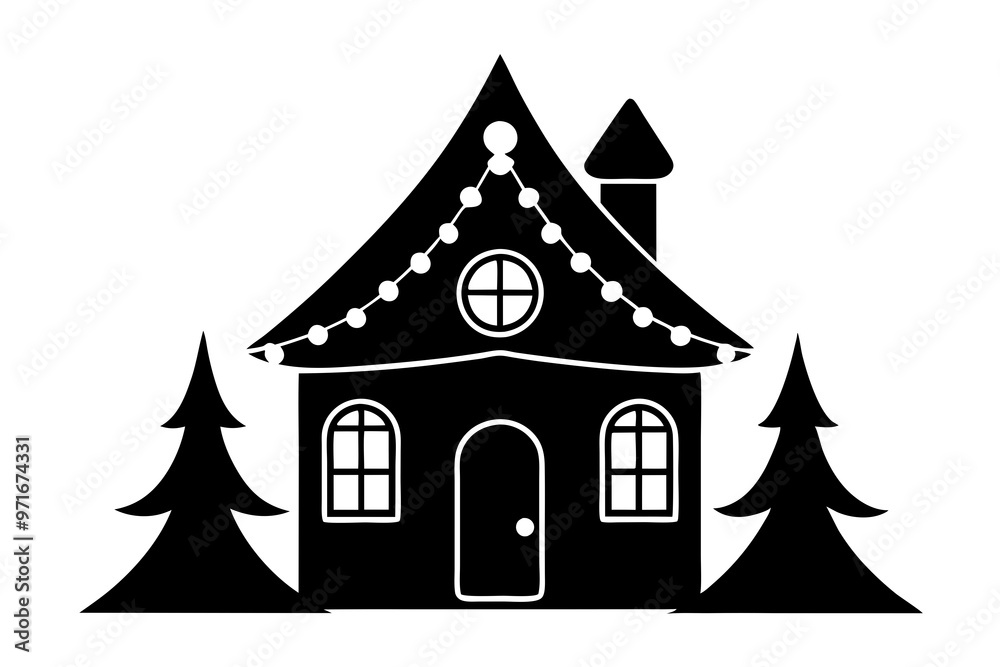 Christmas house Lights Silhouette on white background 