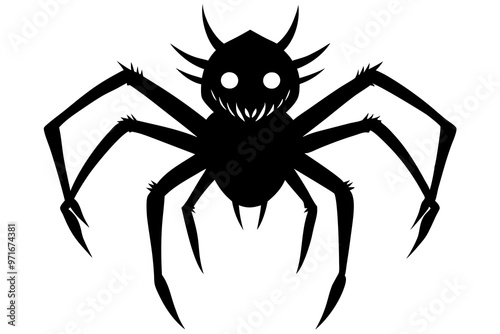 Spider Black Widow. Black bug spider silhouette, isolated white background. Scary Halloween icon, symbol horror, animal arachnid, creepy dangerous insect, arachnophobia fear. Vector illustration