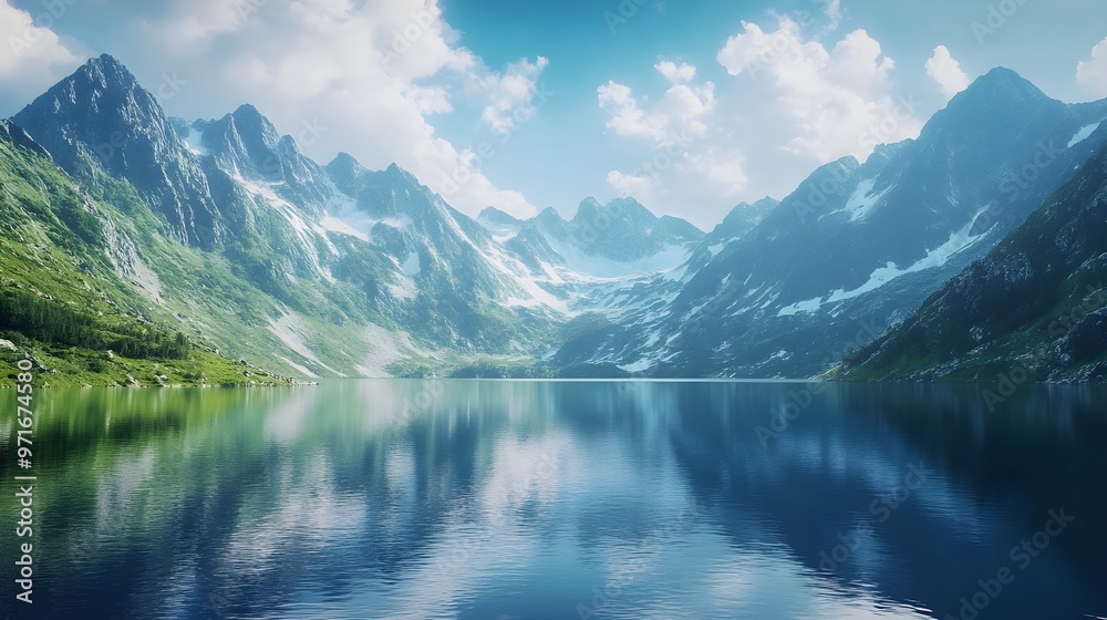 Crystal-clear lake set against a mountain backdrop image Crystal-clear lake set against a mountain backdrop image