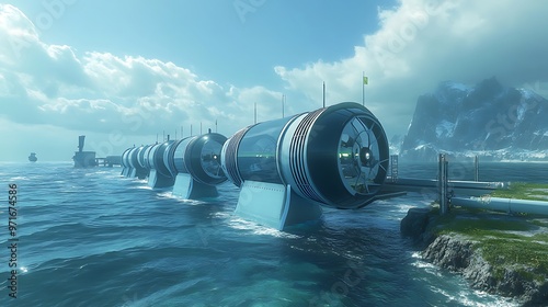 Tidal power plant with underwater turbines generating energy from tidal currents, with a scenic coastline and ocean in the background