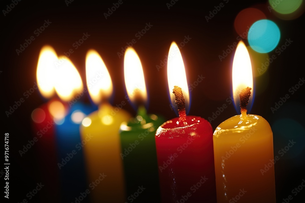 Six vibrant candles of menorah illuminate the darkness with bokeh lights in the background on hannukah