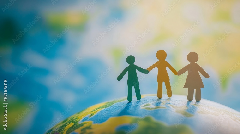 Paper humans holding hands, standing on a globe, environmental awareness concept generative ai Paper humans holding hands, standing on a globe, environmental awareness concept generative ai