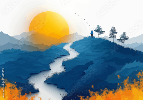 Business Growth Path to Success Minimalistic Illustration with Sunrise, Mountain, and Figure Symbolizing Goal Achievement and Strategy