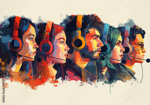 Colorful Hotline Operators with Headsets Providing 24-Hour Technical Support, Vector Illustration Depicts Call Center Customer Service Team at Work, Modern Minimalistic Art Style photo