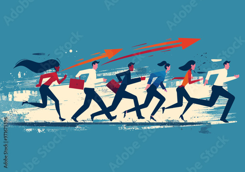Dynamic Business Team Competing for Success, Teamwork and Leadership Concept with Running Professionals and Growth Arrows, Minimalistic Vector Art