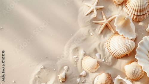 A minimalist composition featuring seashells and starfish arranged on a sandy beach, with a soft focus on the background.