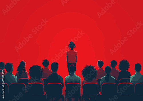 Minimalistic Business Team Training Session with Teacher Presentation in Classroom Setting, Red Background, Education and Learning Concept