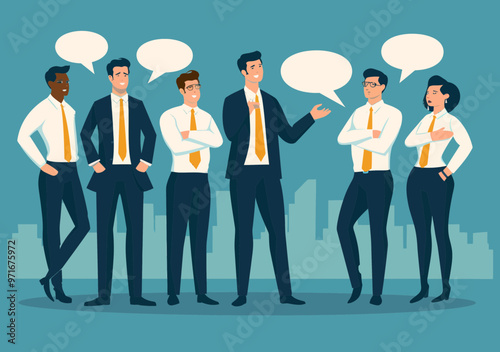 Business Leader Engaging with Team in Discussion, Vector Illustration of Teamwork, Leadership, and Communication in Corporate Setting with Speech Bubbles, Professional Environment, Blue Tone