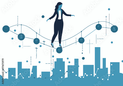 Female Manager Balancing on Growing Business Graph Concept, Risky Investment in Business, Woman Leader Navigating Financial Growth Illustration, Business Success and Challenge