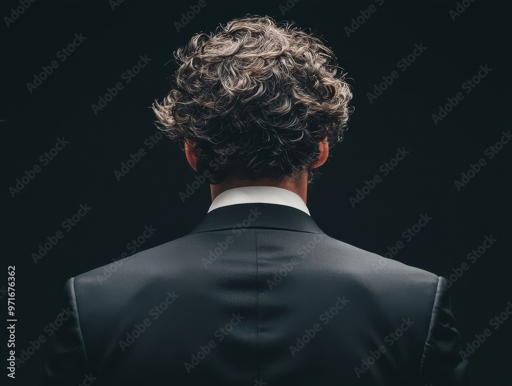 A stylish individual in a formal suit, showcasing a unique curly hairstyle against a dark background, embodying elegance and sophistication. A stylish individual in a formal suit, showcasing a unique curly hairstyle against a dark background, embodying elegance and sophistication.