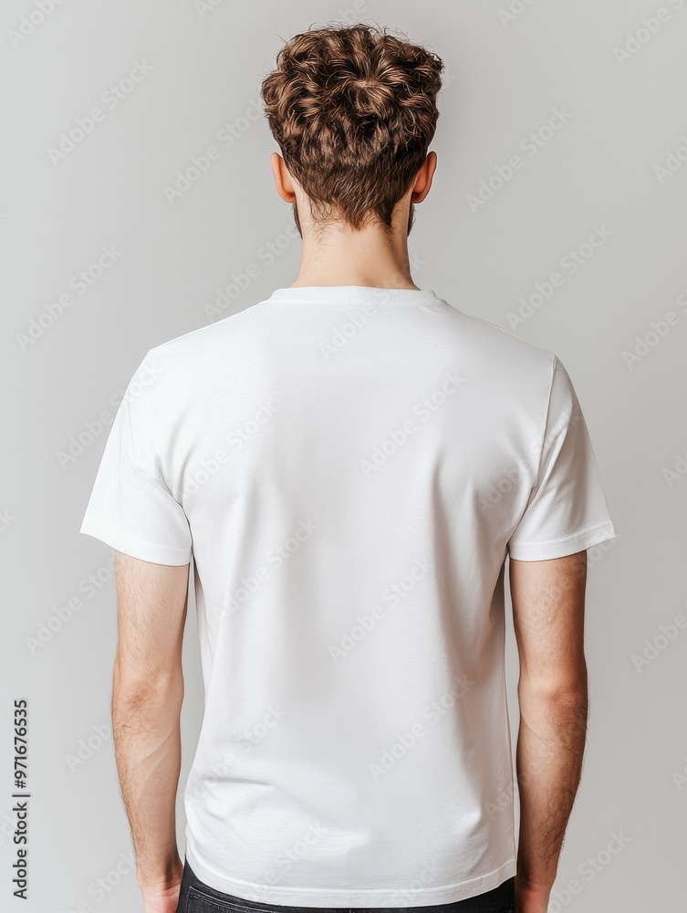 A young man wearing a plain white t-shirt, viewed from the back against a neutral background. Ideal for fashion and lifestyle themes. A young man wearing a plain white t-shirt, viewed from the back against a neutral background. Ideal for fashion and lifestyle themes.