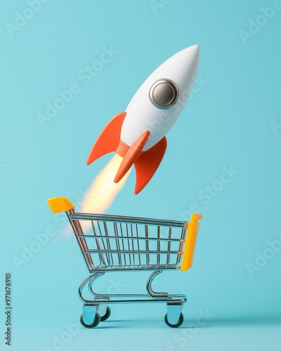 A rocket launching from a shopping cart symbolizing innovative online shopping and a blast-off in retail.