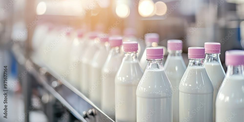 Rows of milk bottles on a production line, showcasing a modern dairy processing facility with soft lighting. Rows of milk bottles on a production line, showcasing a modern dairy processing facility with soft lighting.