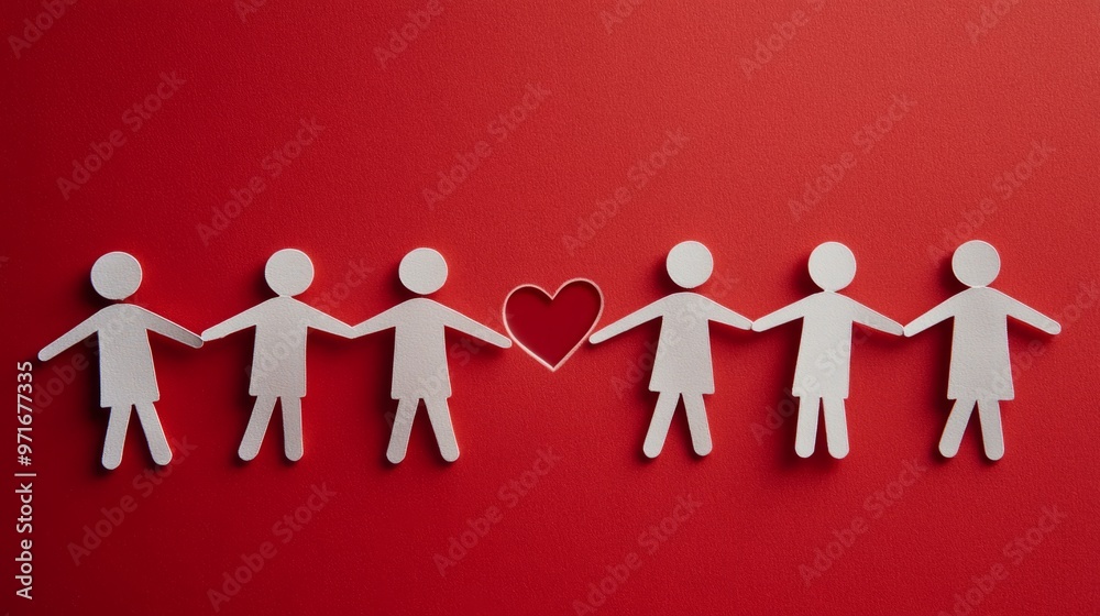 Paper humans holding hands, with a heart shape in the middle, red background generative ai Paper humans holding hands, with a heart shape in the middle, red background generative ai
