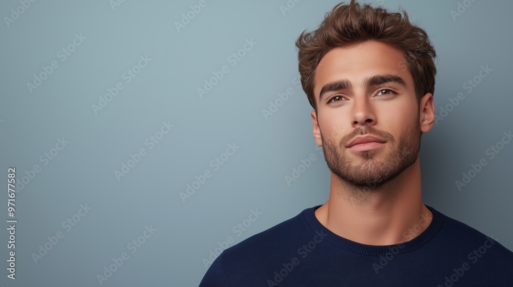 Obraz premium A late-20s Caucasian man with short brown hair and a beard, wearing a navy blue sweater, gazes thoughtfully to the side against a soft gray background