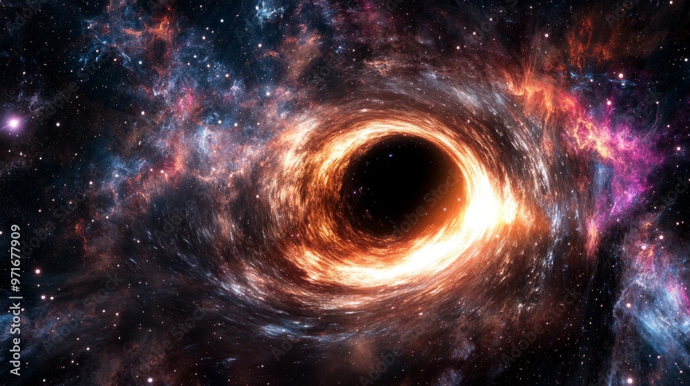 A black hole at the center of a galaxy captures surrounding stars and gas in a cosmic whirlwind