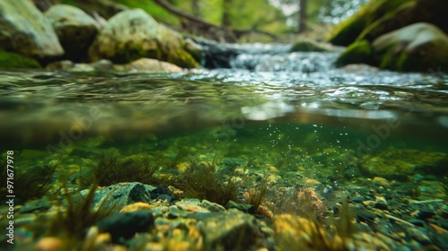 mountain stream with rocks and moss visible beneath the water's surface