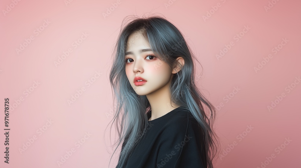 A young Asian woman with silver-blue hair styled in long layers, wearing a black t-shirt, gazes thoughtfully against a pastel pink background A young Asian woman with silver-blue hair styled in long layers, wearing a black t-shirt, gazes thoughtfully against a pastel pink background