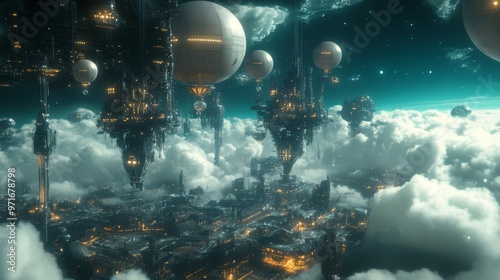 Futuristic city suspended in Jupiter's atmosphere with glowing technology and cloud formations photo