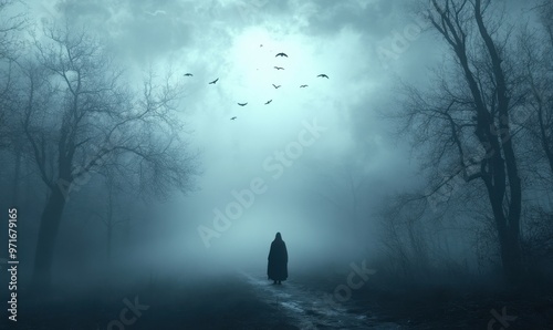 A gloomy landscape, birds in the sky, a foggy forest with dead trees, moonlight, a distant view, a sense of horror, dark blue and gray tones Generative AI