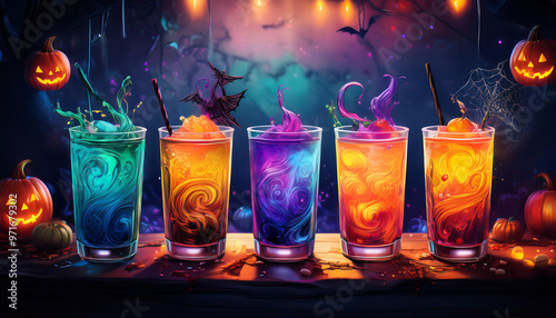  Colorful Halloween drinks, illuminated by eerie lightning, creating a magical party atm_1(163) photo