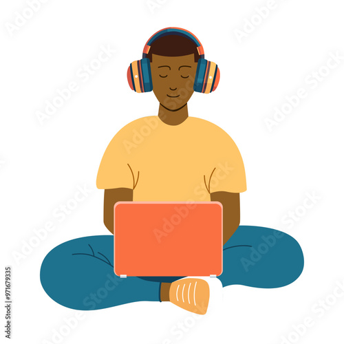 Man is working at a laptop vector illustration in flat technique 