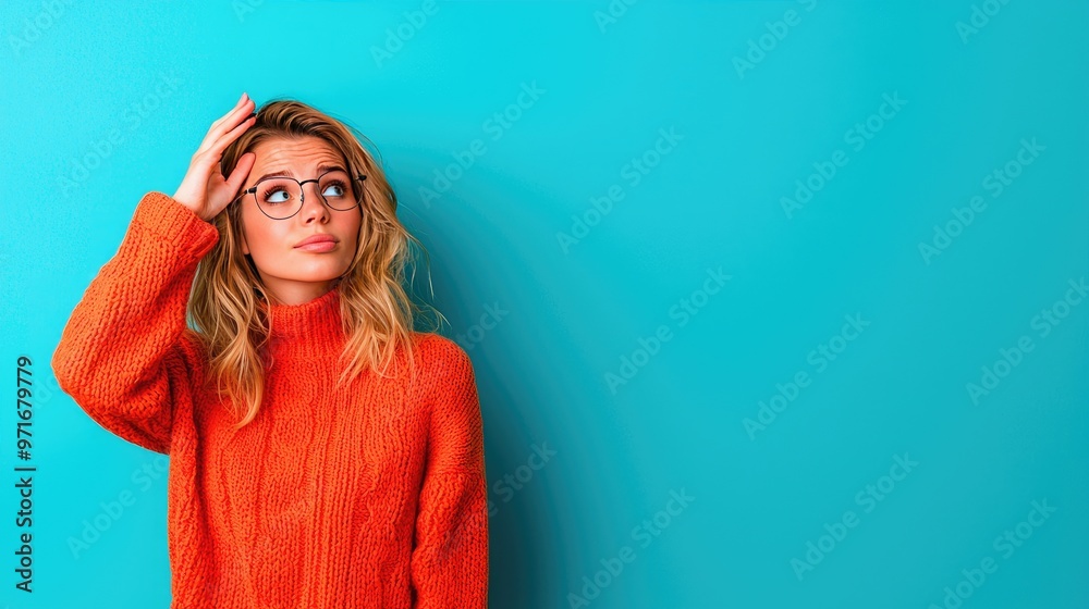 A thoughtful woman wearing glasses and an orange sweater looking up against a vibrant blue background, conveying curiosity and reflection. Breast Cancer, Breast Cancer Awareness A thoughtful woman wearing glasses and an orange sweater looking up against a vibrant blue background, conveying curiosity and reflection. Breast Cancer, Breast Cancer Awareness
