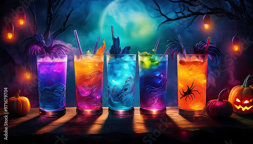  Colorful Halloween drinks, illuminated by eerie lightning, creating a magical party atmosph_1(162) photo