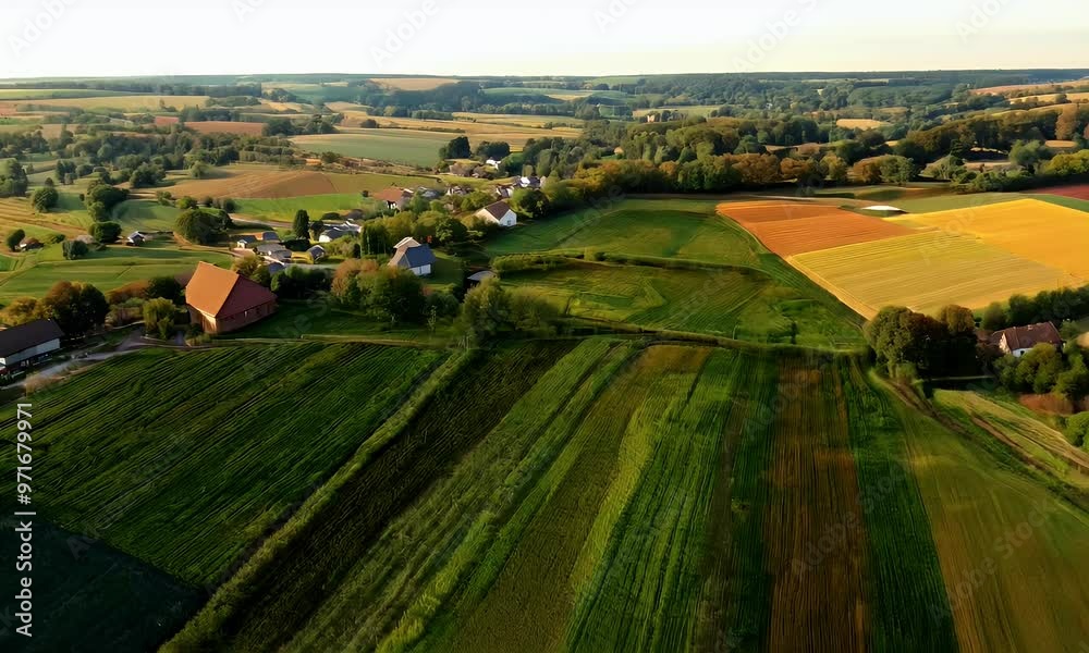 Golden Hour in the Countryside: A Drone's Perspective of Farmland and Village Golden Hour in the Countryside: A Drone's Perspective of Farmland and Village