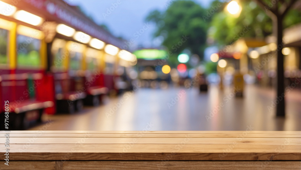 The empty wooden table top with blur background of Bus Stop. For product display The empty wooden table top with blur background of Bus Stop. For product display