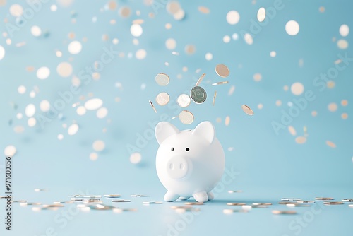 A crisp, detailed photograph of a white piggy bank on a gentle pastel blue background, with a stream of coins falling into it. 