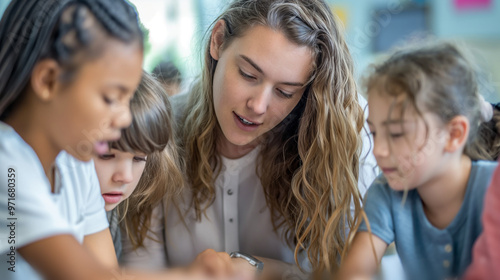 Teacher helping students with homework