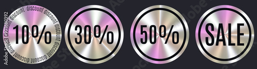 Set of holographic stickers for discounts. Design of stickers with discounts of 10, 30, 50 percent. Vector illustration of holographic stickers