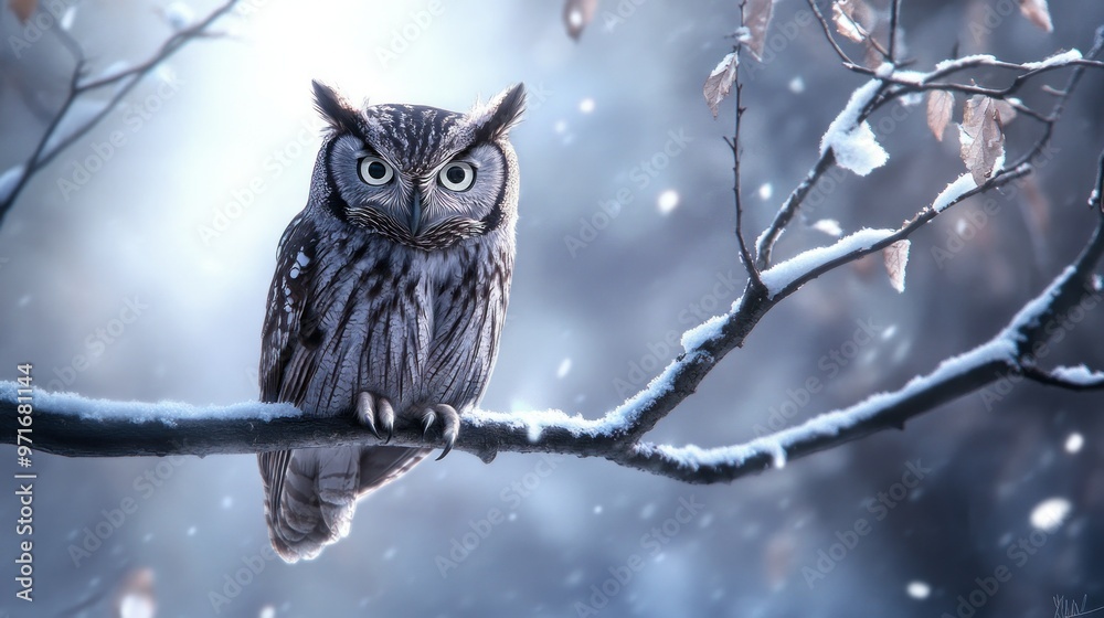 A Gray Owl Perched on a Snowy Branch
