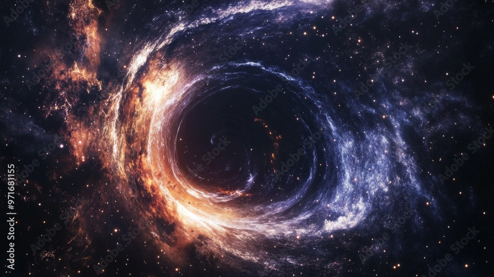 Fototapeta premium A galaxy spiraling into a black hole with swirling stars and cosmic debris in dark space
