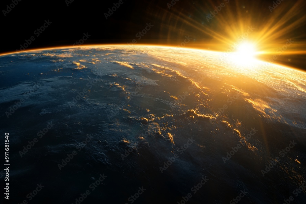 Earth at sunrise from space with warm light illuminating the horizon and clouds Earth at sunrise from space with warm light illuminating the horizon and clouds