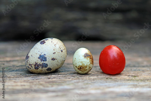 Quail eggs compared to a cocktail tomato