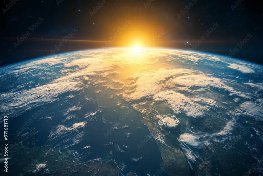 Fototapeta premium A breathtaking view of Earth from space, illuminated by the sun, showcasing vibrant weather patterns
