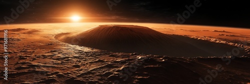 Stunning view of Olympus Mons on Mars at sunrise with dramatic lighting and vast landscape photo