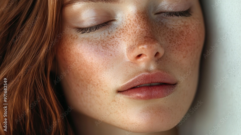 Close-up Portrait of a Woman with Freckles and Closed Eyes Close-up Portrait of a Woman with Freckles and Closed Eyes