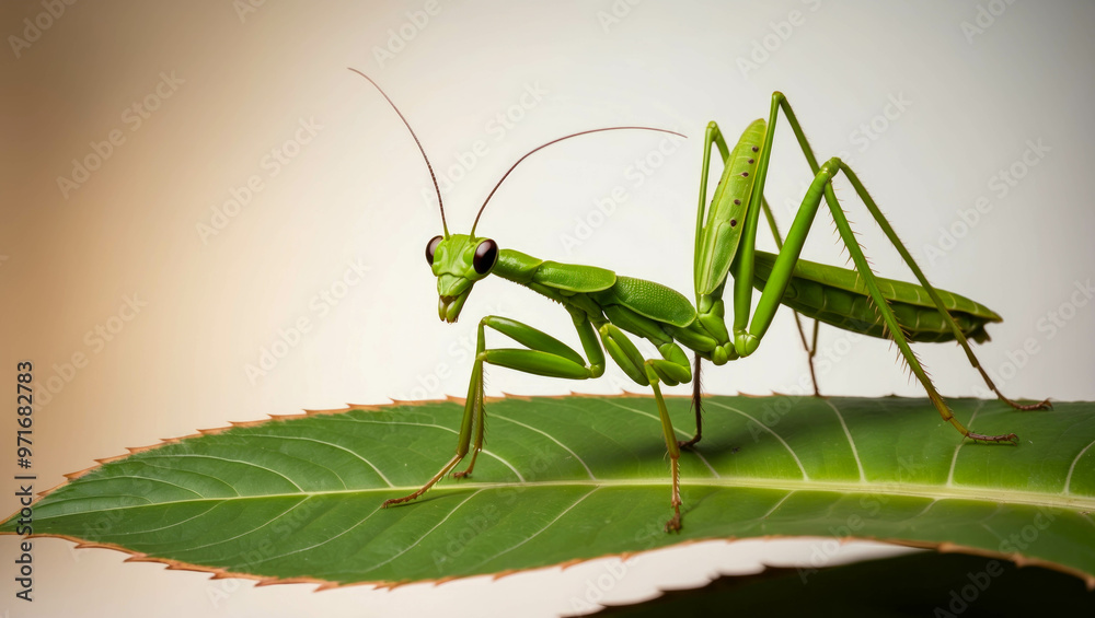 A bright green praying mantis perched on a leaf in a studio setting, captured in high detail A bright green praying mantis perched on a leaf in a studio setting, captured in high detail