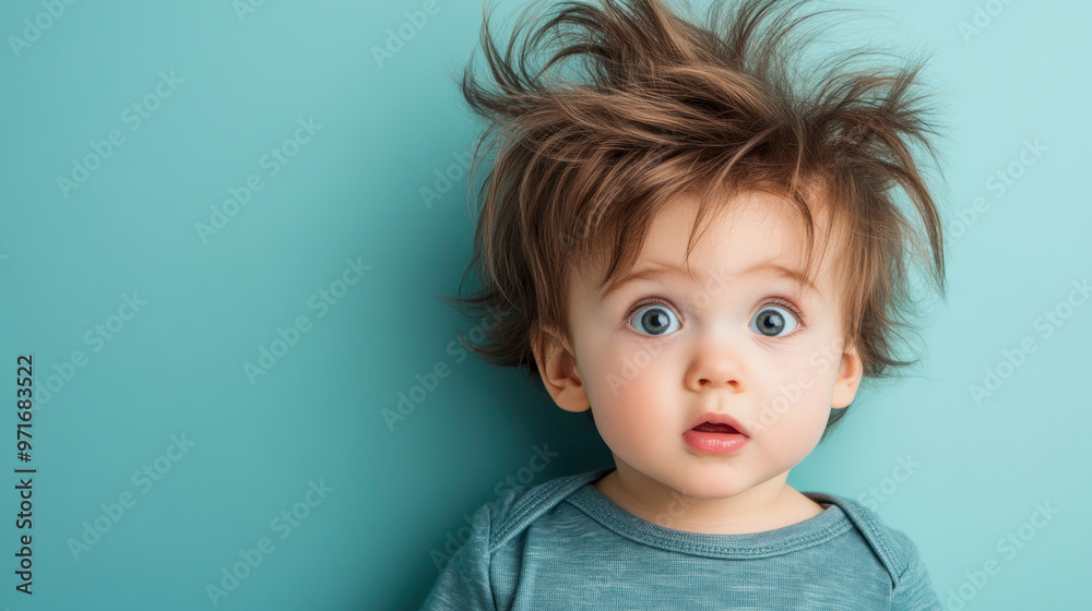 cute toddler with wild hair looks surprised, copyspace cute toddler with wild hair looks surprised, copyspace