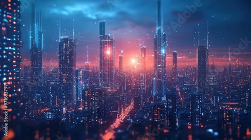 Futuristic cityscape, AI governance, digital control, holographic interfaces